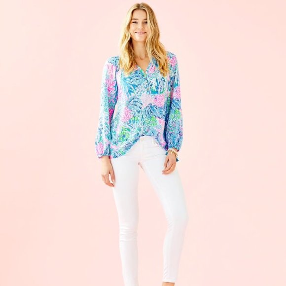 New Lilly Pulitzer Elsa Silk Top, Sink or Swim - Picture 2 of 5